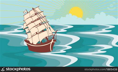 Vintage ship in the ocean or sea illustration.