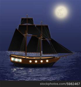Vintage ship with black sails at night sea background vector illustration. Night Sea Background