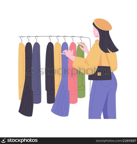 Vintage shop isolated cartoon vector illustrations. Woman choosing used clothes in the shop, people lifestyle, vintage and retro goods, finding treasures, antique apparel vector cartoon.. Vintage shop isolated cartoon vector illustrations.