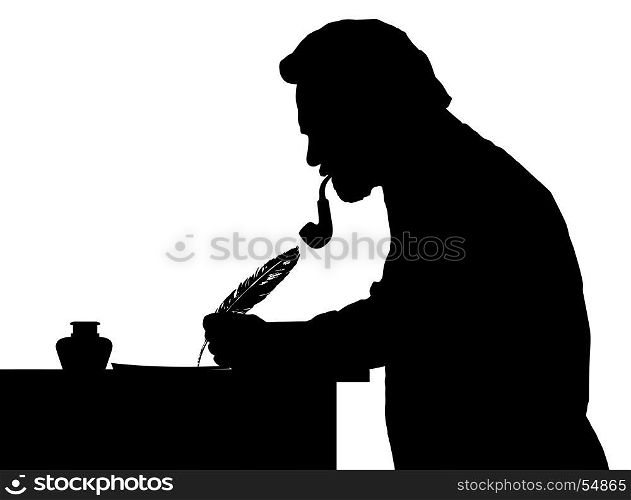 Vintage Silhouette of a bearded man with pipe writing with feather