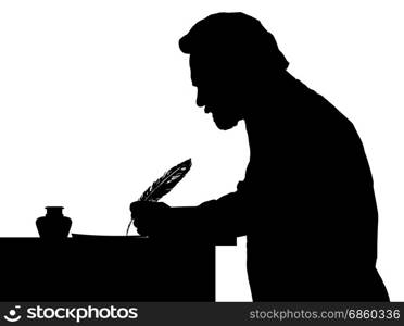 Vintage Silhouette of a bearded man writing with feather at table