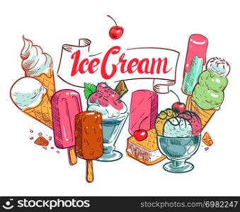 Vintage sketch fruit ice cream vector summertime poster. Ice cream graphic with fruit cherry illustration. Vintage sketch fruit ice cream vector summertime poster