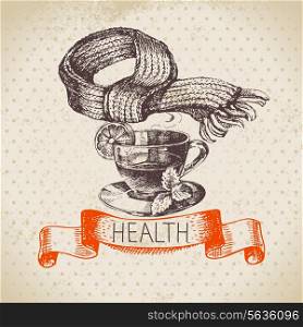 Vintage sketch healthy and medical background with cup of tea and scarf. Hand drawn vector illustration