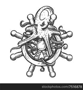 Vintage sketch of angry and dangerous octopus on helm of sailing ship with entwined tentacles around handles and felloe. Use as nautical mascot or tattoo design. Angry octopus on ship helm sketch symbol