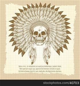 Vintage skull in feathers headdress poster. Vintage poster with men skull in feathers headdress vector illustration