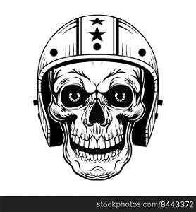 Vintage skull in helmet vector illustration. Monochrome dead head of biker. Tattoo design and motorcyclist club concept can be used for retro template, banner or poster
