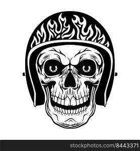 Vintage skull in helmet with flame vector illustration. Black dead head of biker. Tattoo design and motorcyclist club concept can be used for retro template, banner or poster