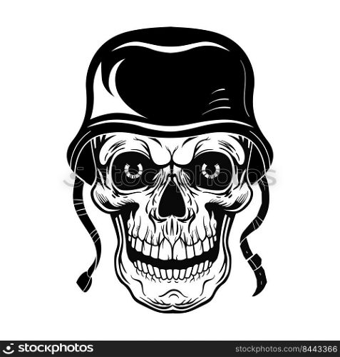 Vintage skull of soldier vector illustration. Monochrome dead head in warrior cap. Tattoo design and rebel community concept can be used for retro template, banner or poster