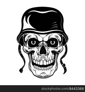 Vintage skull of soldier vector illustration. Monochrome dead head in warrior cap. Tattoo design and rebel community concept can be used for retro template, banner or poster