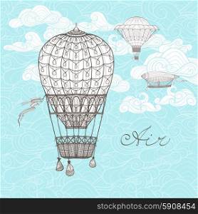 Vintage sky poster with retro hot air balloons on ornamental clouds background sketch vector illustration. Vintage Sky Illustration