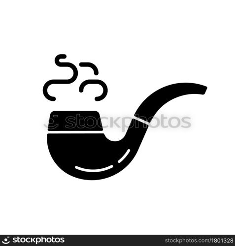 Vintage smoking pipe black glyph icon. Collectible old tobacco pipe. Handcrafted accessory for smoking needs. Combust smokable substance. Silhouette symbol on white space. Vector isolated illustration. Vintage smoking pipe black glyph icon