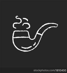 Vintage smoking pipe chalk white icon on dark background. Collectible old tobacco pipe. Accessory for smoking needs. Combust smokable substance. Isolated vector chalkboard illustration on black. Vintage smoking pipe chalk white icon on dark background
