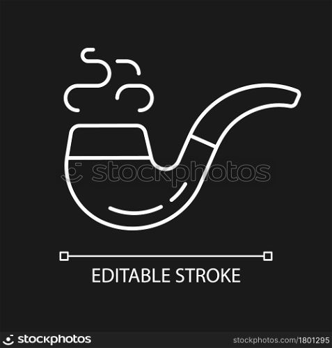 Vintage smoking pipe white linear icon for dark theme. Tobacco pipe. Combust smokable substance. Thin line customizable illustration. Isolated vector contour symbol for night mode. Editable stroke. Vintage smoking pipe white linear icon for dark theme