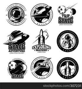 Vintage space, astronautics, shuttle flight vector labels, logos, badges, emblems. Flight shuttle label, illustration of launch ship rocket. Vintage space, astronautics, shuttle flight vector labels, logos, badges, emblems