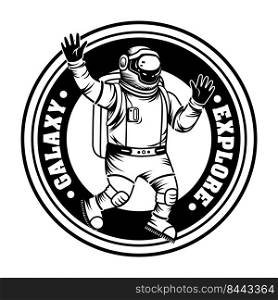 Vintage spaceman exploring galaxy vector illustration. Monochrome astronaut in spacesuit and helmet. Science and space exploration concept can be used for retro template, banner or poster