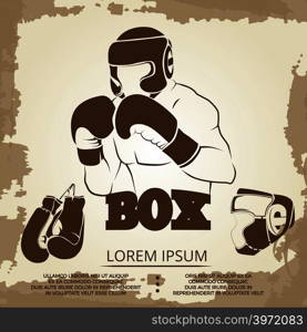 Vintage sport poster design - grunge box banner with athlete, helmet and boxing gloves. Vector illustration. Vintage sport poster design - grunge box banner with athlete