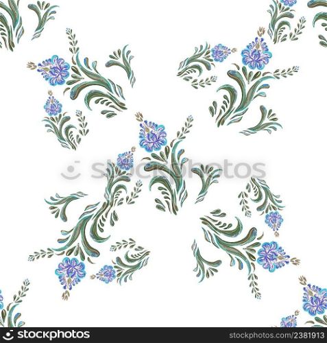 Vintage spring romantic pastel seamless pattern with blue flowers and leaves on white background.. Romantic seamless pattern. Vector floral background.