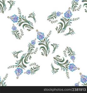 Vintage spring romantic pastel seamless pattern with blue flowers and leaves on white background.. Romantic seamless pattern. Vector floral background.