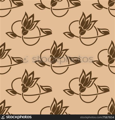 Vintage square endless repeated design with brown buds of peony on light brown background