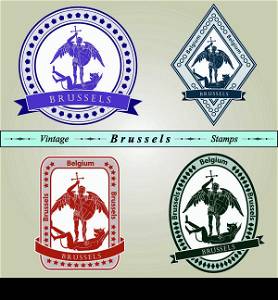 Vintage stamp from Brussels in four colors editable vector file