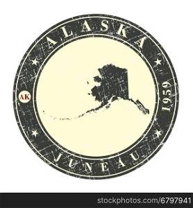 Vintage stamp with map of Alaska. Stylized badge with the name of the State, year of creation, the contour maps and the names abbreviations . Vector illustration