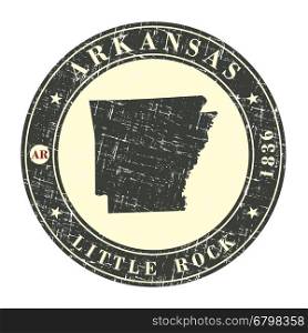 Vintage stamp with map of Arkansas. Stylized badge with the name of the State, year of creation, the contour maps and the names abbreviations . Vector illustration