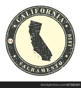 Vintage stamp with map of California. Stylized badge with the name of the State, year of creation, the contour maps and the names abbreviations . Vector illustration