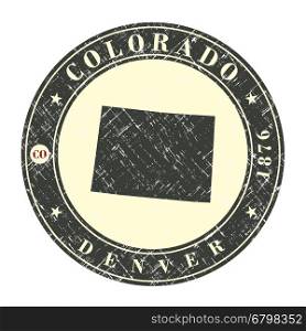 Vintage stamp with map of Colorado. Stylized badge with the name of the State, year of creation, the contour maps and the names abbreviations . Vector illustration