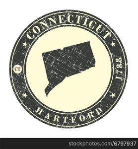 Vintage stamp with map of Connecticut. Stylized badge with the name of the State, year of creation, the contour maps and the names abbreviations . Vector illustration