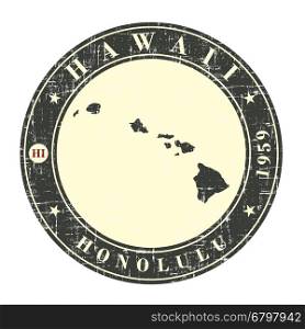 Vintage stamp with map of Hawaii. Stylized badge with the name of the State, year of creation, the contour maps and the names abbreviations . Vector illustration