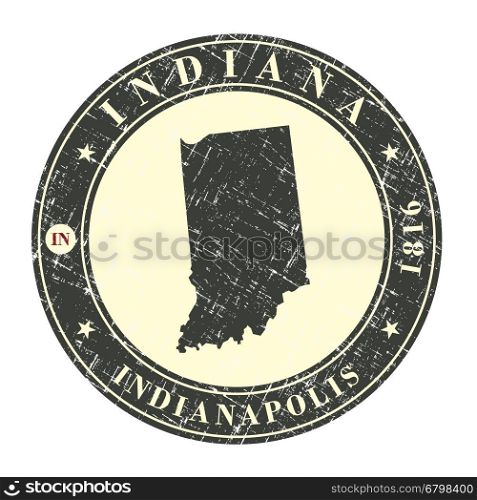 Vintage stamp with map of Indiana. Stylized badge with the name of the State, year of creation, the contour maps and the names abbreviations . Vector illustration