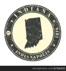Vintage stamp with map of Indiana. Stylized badge with the name of the State, year of creation, the contour maps and the names abbreviations . Vector illustration