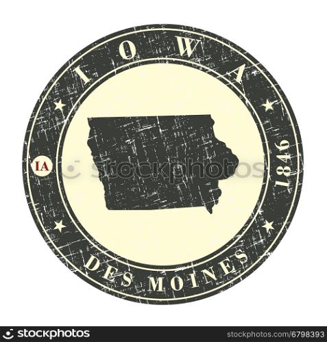 Vintage stamp with map of Iowa. Stylized badge with the name of the State, year of creation, the contour maps and the names abbreviations . Vector illustration