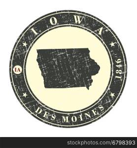 Vintage stamp with map of Iowa. Stylized badge with the name of the State, year of creation, the contour maps and the names abbreviations . Vector illustration