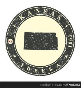 Vintage stamp with map of Kansas. Stylized badge with the name of the State, year of creation, the contour maps and the names abbreviations . Vector illustration