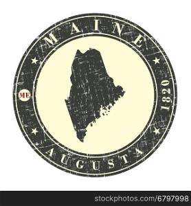 Vintage stamp with map of Maine. Stylized badge with the name of the State, year of creation, the contour maps and the names abbreviations . Vector illustration