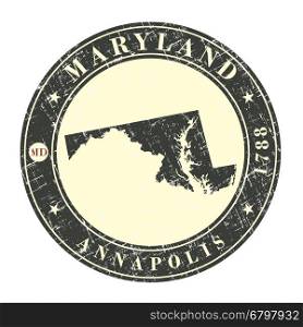 Vintage stamp with map of Maryland. Stylized badge with the name of the State, year of creation, the contour maps and the names abbreviations . Vector illustration