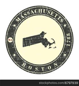 Vintage stamp with map of Massachusetts. Stylized badge with the name of the State, year of creation, the contour maps and the names abbreviations . Vector illustration