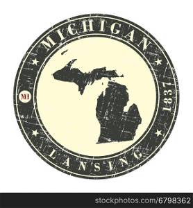 Vintage stamp with map of Michigan. Stylized badge with the name of the State, year of creation, the contour maps and the names abbreviations . Vector illustration
