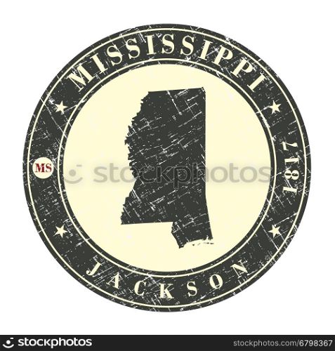 Vintage stamp with map of Mississippi. Stylized badge with the name of the State, year of creation, the contour maps and the names abbreviations . Vector illustration