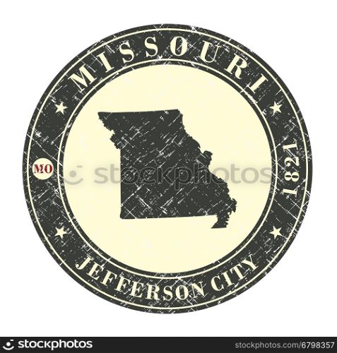 Vintage stamp with map of Missouri. Stylized badge with the name of the State, year of creation, the contour maps and the names abbreviations . Vector illustration
