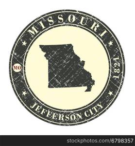 Vintage stamp with map of Missouri. Stylized badge with the name of the State, year of creation, the contour maps and the names abbreviations . Vector illustration