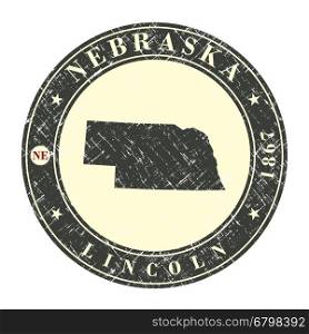 Vintage stamp with map of Nebraska. Stylized badge with the name of the State, year of creation, the contour maps and the names abbreviations . Vector illustration