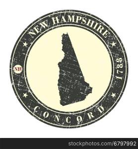 Vintage stamp with map of New Hampshire. Stylized badge with the name of the State, year of creation, the contour maps and the names abbreviations . Vector illustration