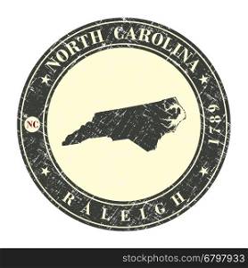 Vintage stamp with map of North Carolina. Stylized badge with the name of the State, year of creation, the contour maps and the names abbreviations . Vector illustration