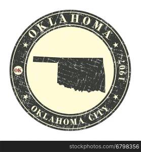 Vintage stamp with map of Oklahoma. Stylized badge with the name of the State, year of creation, the contour maps and the names abbreviations . Vector illustration