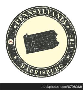 Vintage stamp with map of Pennsylvania. Stylized badge with the name of the State, year of creation, the contour maps and the names abbreviations . Vector illustration