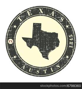 Vintage stamp with map of Texas. Stylized badge with the name of the State, year of creation, the contour maps and the names abbreviations . Vector illustration