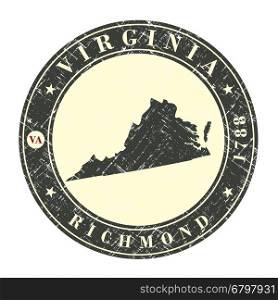 Vintage stamp with map of Virginia. Stylized badge with the name of the State, year of creation, the contour maps and the names abbreviations . Vector illustration