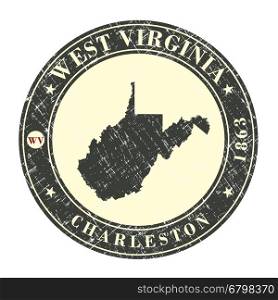 Vintage stamp with map of West Virginia. Stylized badge with the name of the State, year of creation, the contour maps and the names abbreviations . Vector illustration